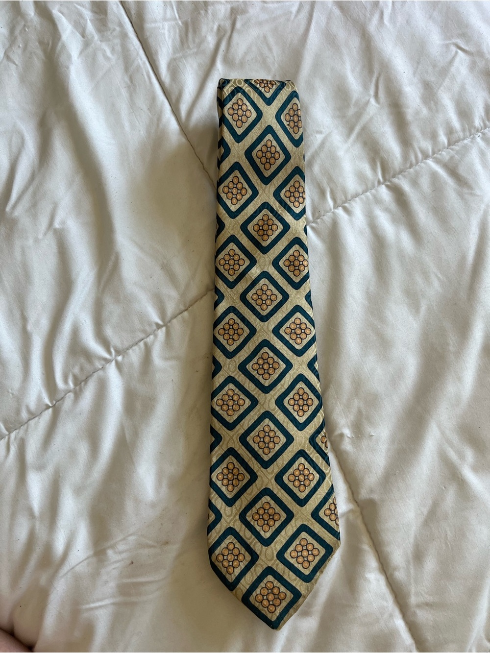 Yves Saint Laurent Classic Geometric Pattern Silk Tie in Beige and Teal